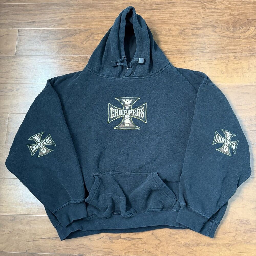 Y2K Vintage West Coast Choppers Long Beach Distressed XL Hoodie Sweatshirt Black